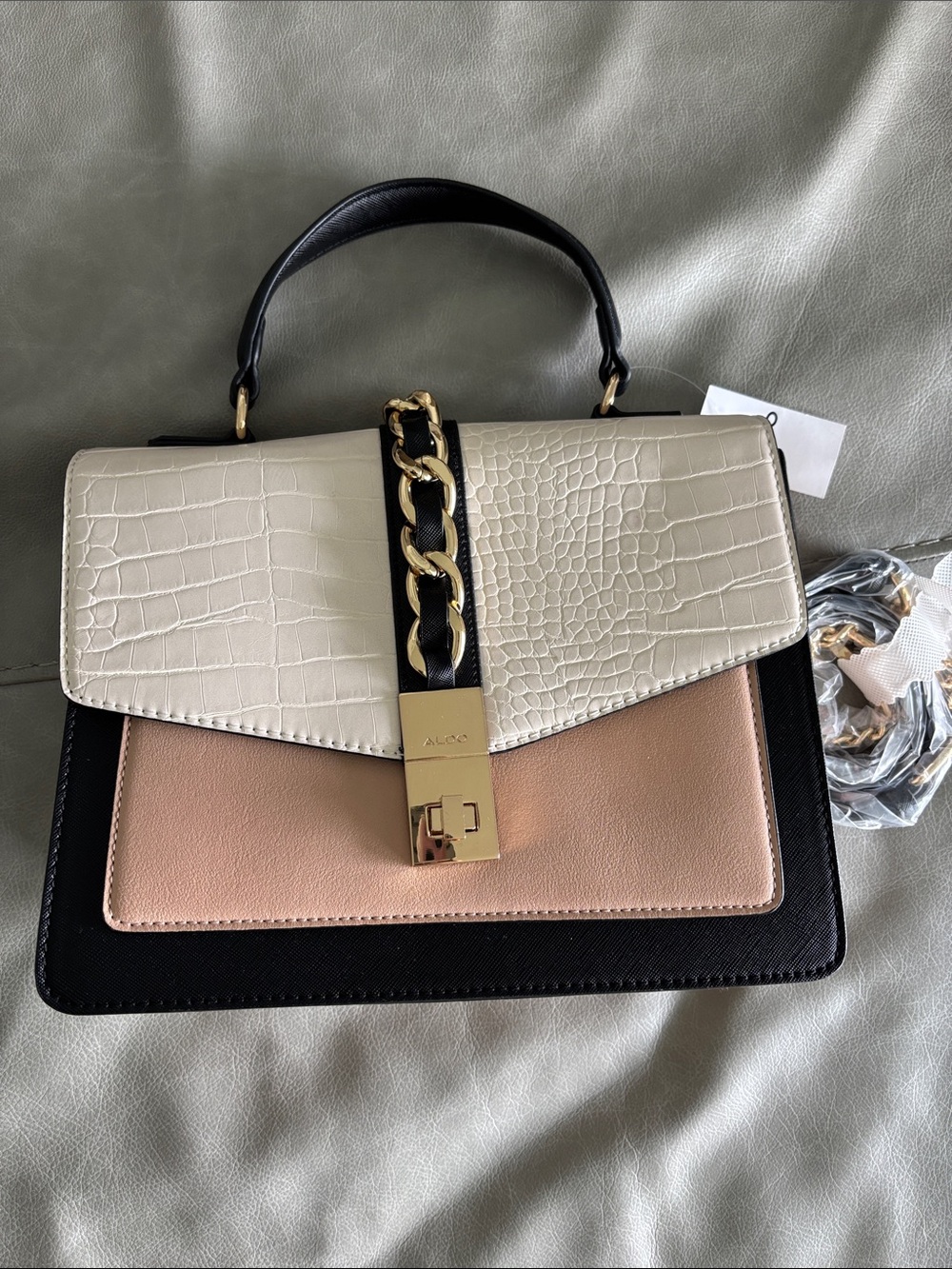 ALDO Tri-Color Satchel in Black, Blush and Cream with Gold Chain MODEL Cailla
